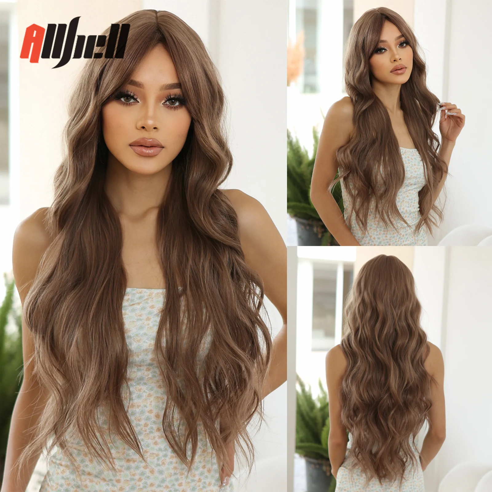 

Long Wavy Golden Brown Wig with Bangs Synthetic Curly Cosplay Daily Wigs for Black Women Heat Resistant Fibre Fake Natural Hair