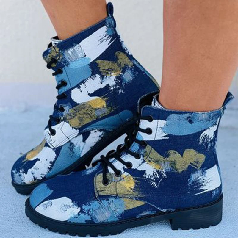 

Womens Casual Street Personality Martin Boots Printed Canvas Womens Shoes Winter Ski Boots Increase Shoes