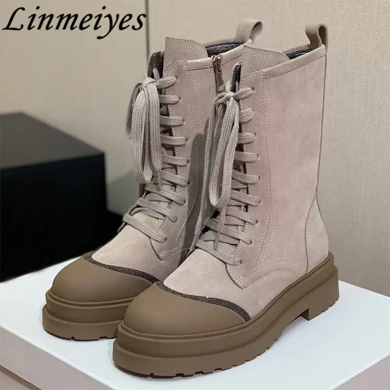 

Женские мотоциклетные ботинки со шнуровкой, с круглым носком