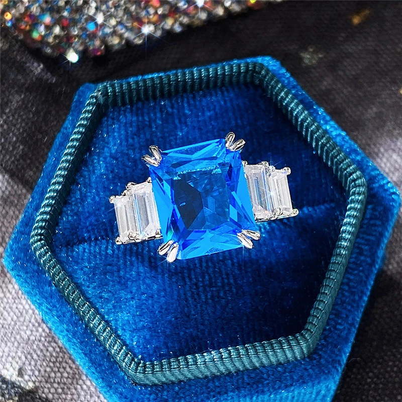 

New Fashion 10*12 Square Sea Blue Zircon Wedding Rings For women 2022 trendy Luxury Engagement Rings Anniversary Jewelry Gifts