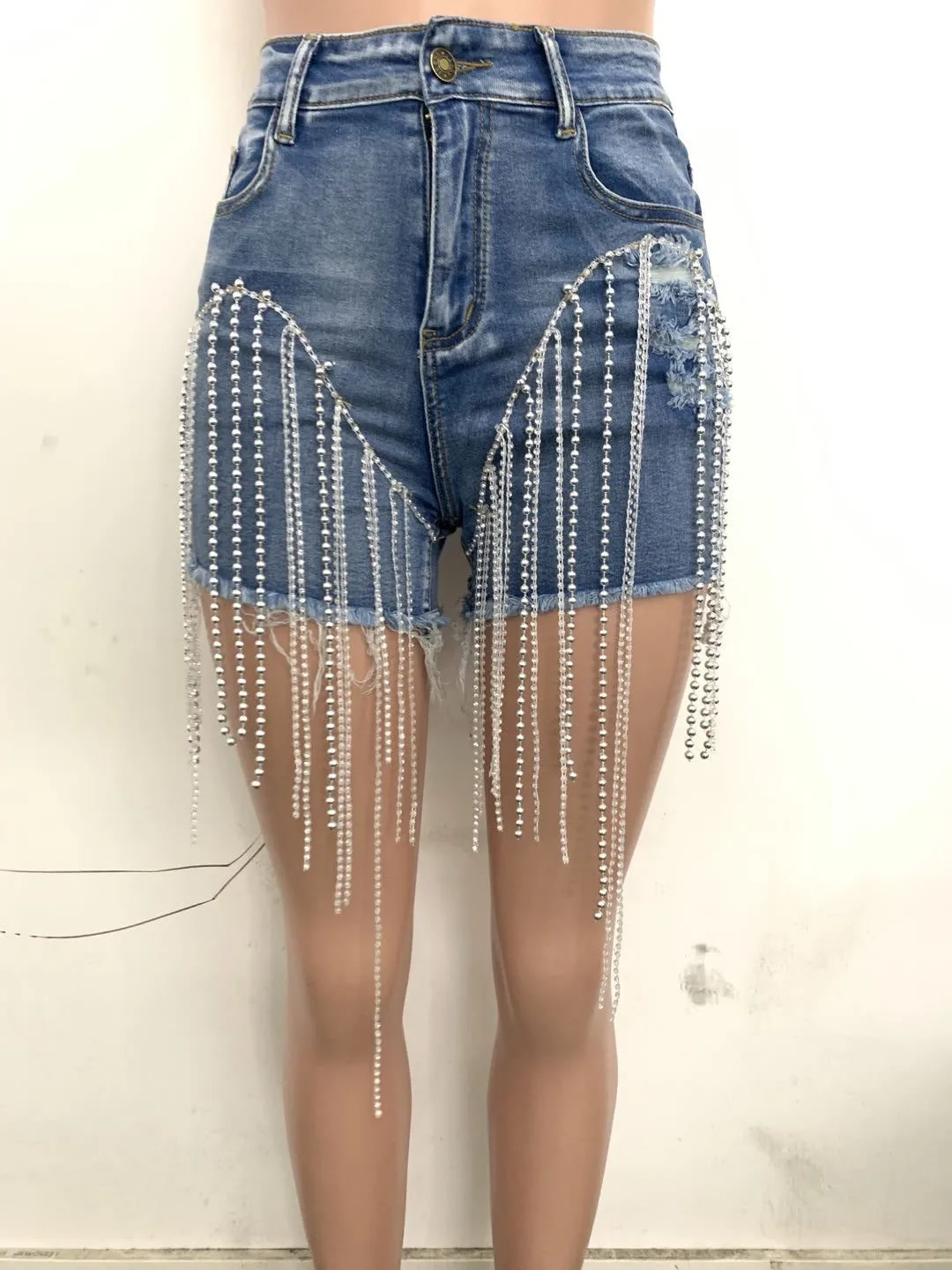 Women Sexy Beads Tassel Zipper Denim Shorts 2023 Party Night Clubwear European and American Style Hot Shorts Indie Fashion