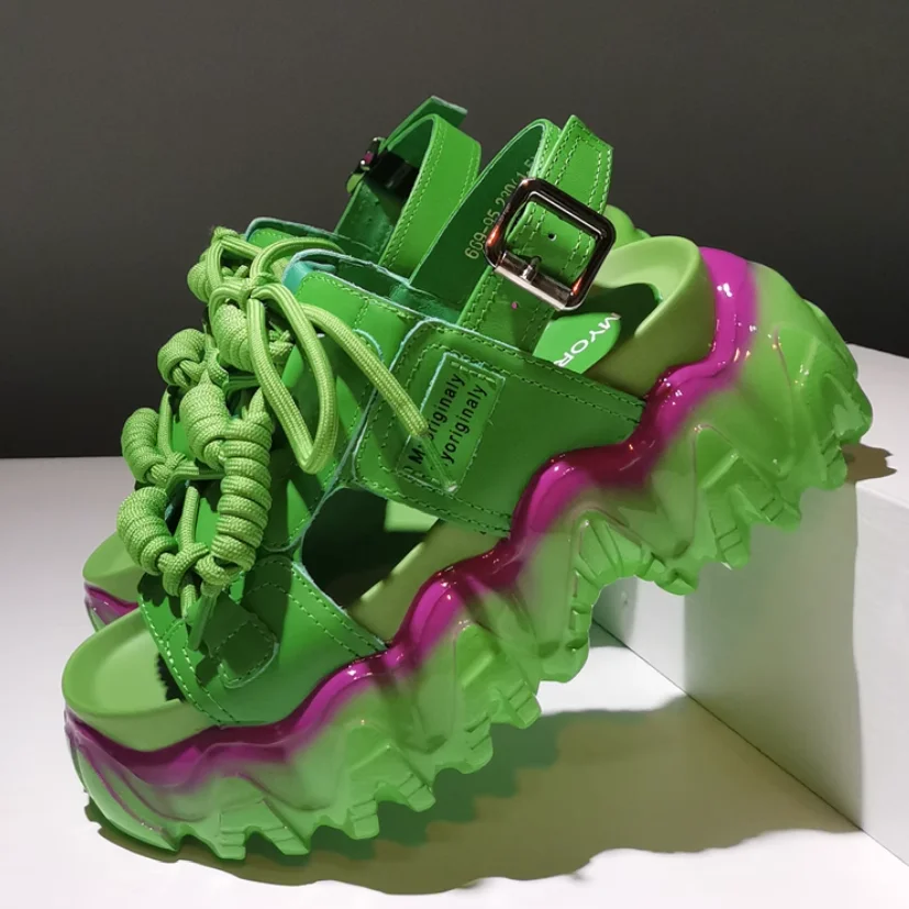 Koovan Women Sandals 2023 New Real Leather Increased Contrast Color Jelly Sponge Thick Bottom Leisure Shoes Sandals Female Girls