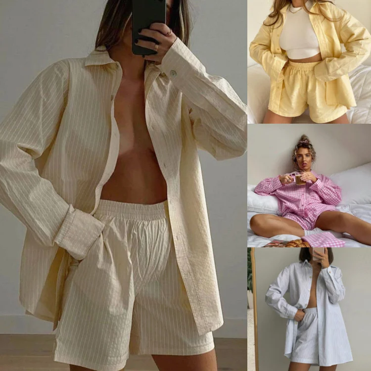 

Women's Summer Breathable Two Piece Set Single Breasted Striped Long Sleeve Shirt Top Wide Leg Pants Loose Straight Shorts Suit