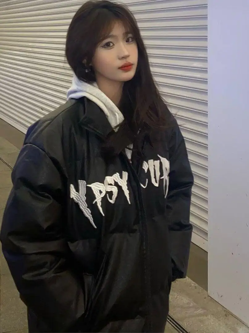 2024 Thick Warm Ins European and American Street Hip-hop PU Leather Cotton-padded jacket Outerwear Women's Winter Couple Swee...