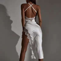 sexy lace irregular spaghetti strap dresses women 2022 summer club party backless long dress elegant bodycon white robe femme