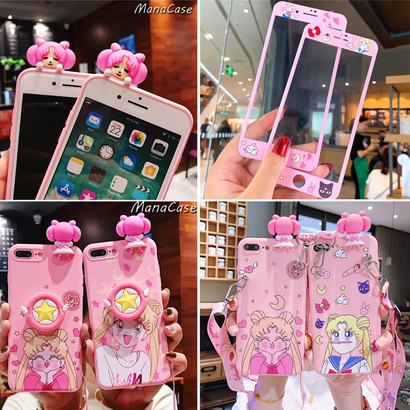 

Cute Japan Pink Screen Protector Anime Phone Case For iPhone 13 12 Mini 11 Pro Max X XS MAX XR 6 6s 7 8 Plus For TPU Back Cover