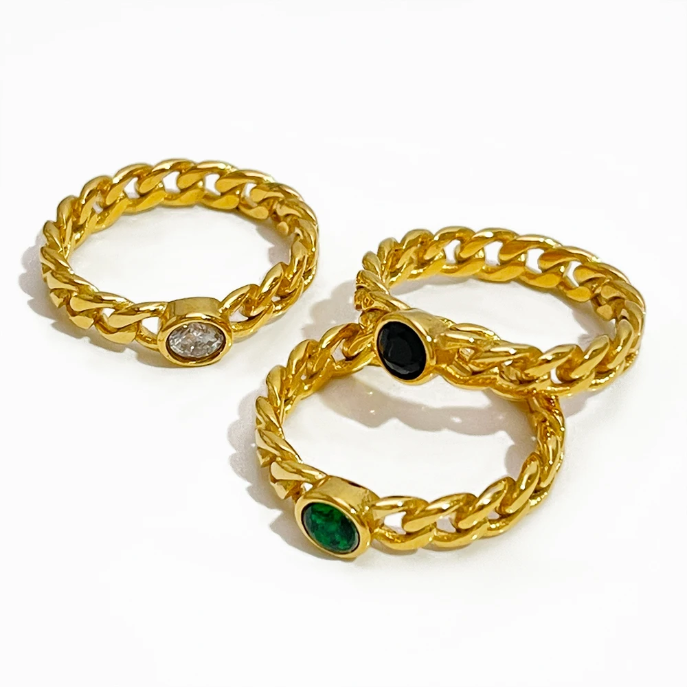

Peri'sBox Minimalist Gold Plated Cuban Link Chain Ring with Sparkly Cz Women Stainless Steel Bezel Set Zircon Stacking Rings