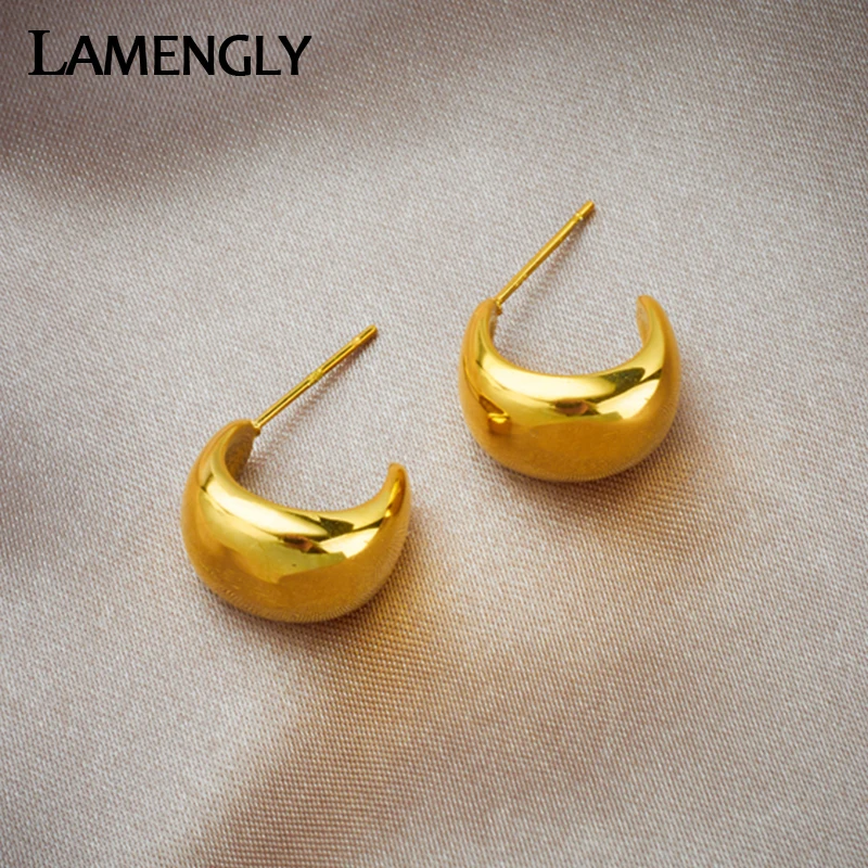 

LAMENGLY 316L Stainless Steel Gold Color C-shaped Smooth Earrings For Women Girl New Trend Non-fading Ear Jewelry Gifts Party