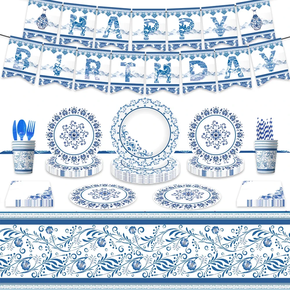 

Porcelain Party Supplies Birthday Anniversary Home Party Decorations Disposable Tableware Paper Plates Straws Napkins