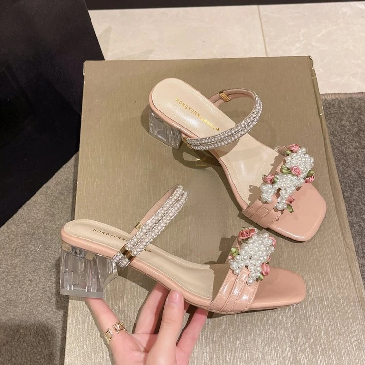

High Heel Sandals Women's Shoes Women's Shoes 2022 Summer High Heels Exquisite Solid Color Sole Heel Square Heel Ladies Slippers