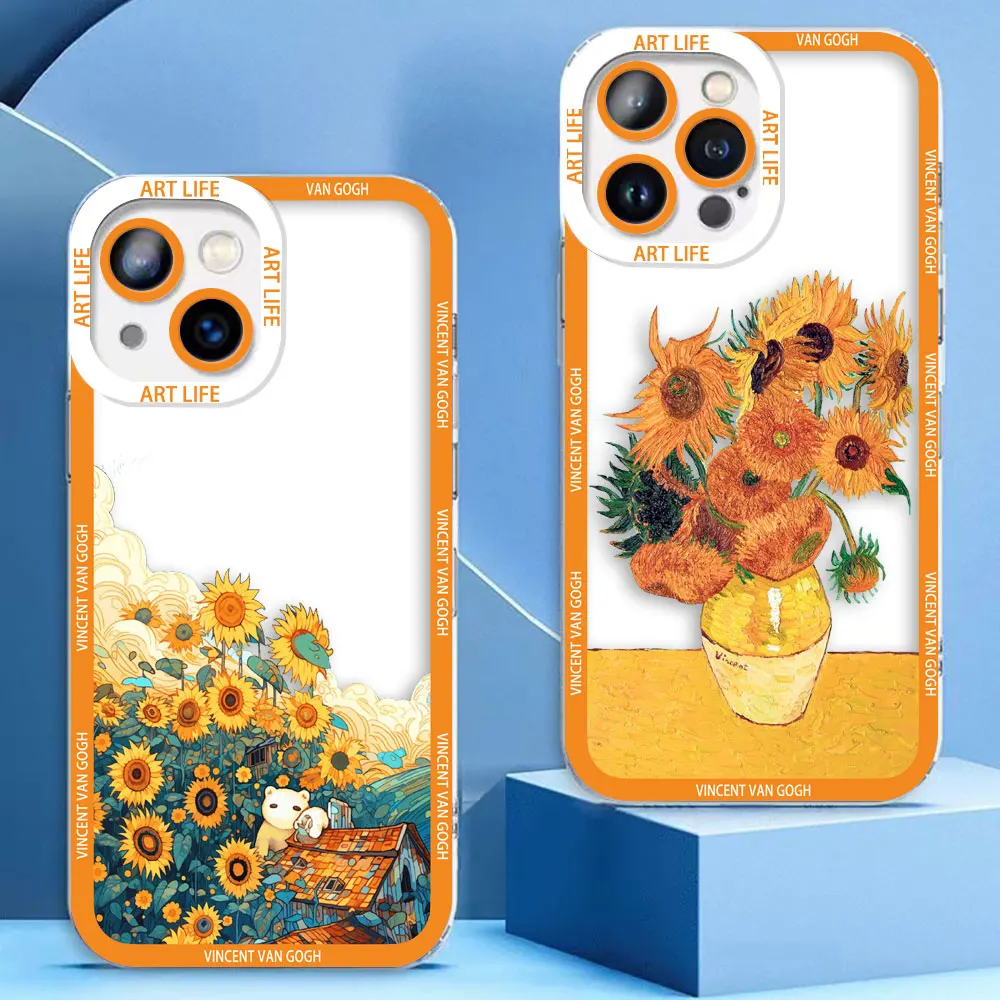 Прозрачный чехол для телефона iPhone 15 14 12 13 11 16 8 7 SE Plus X XR XS Max Funda Sunflowers Starry Night V-Van G-Gogh
