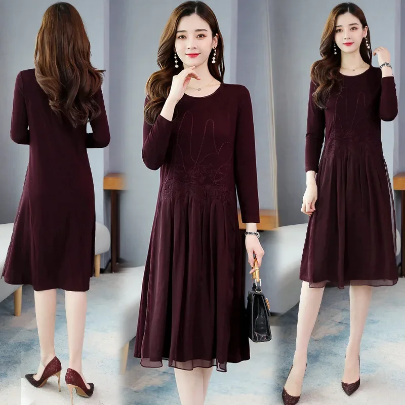 Женское трикотажное платье шифоновое средней длины с длинным рукавом круглым