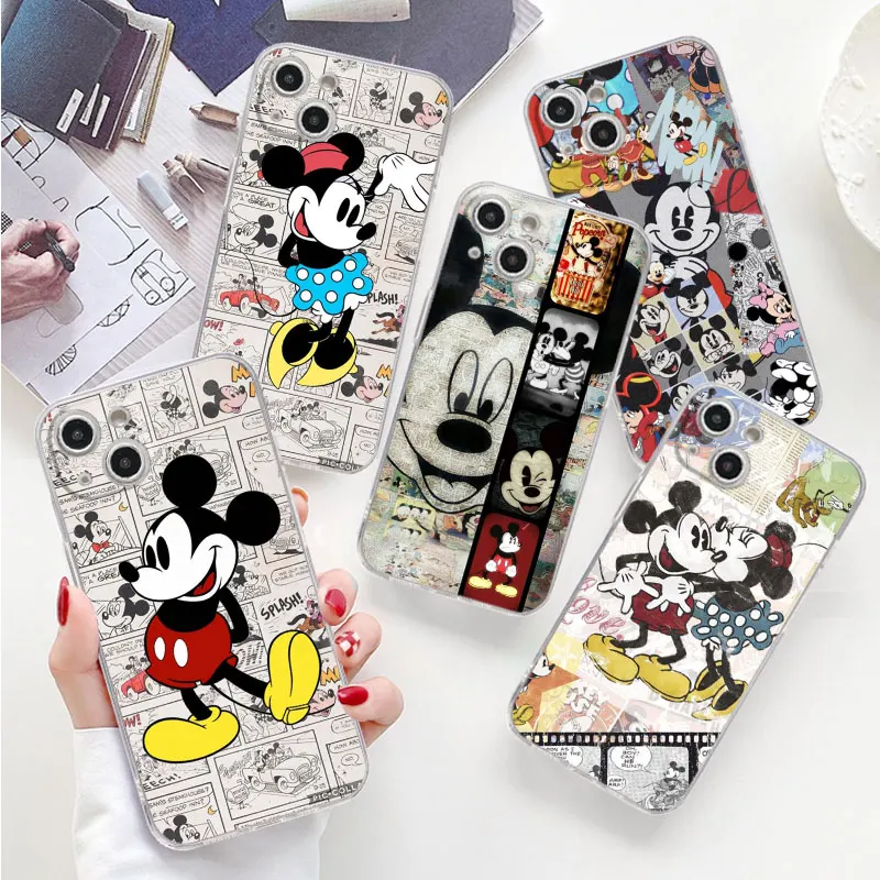 

Clear Case For Apple iPhone 15 14 13 Pro Max 11 12 XR 7 8 Luxury Back Phone Cover TPU Silicone Funda Retro Mickey Minnie Cute