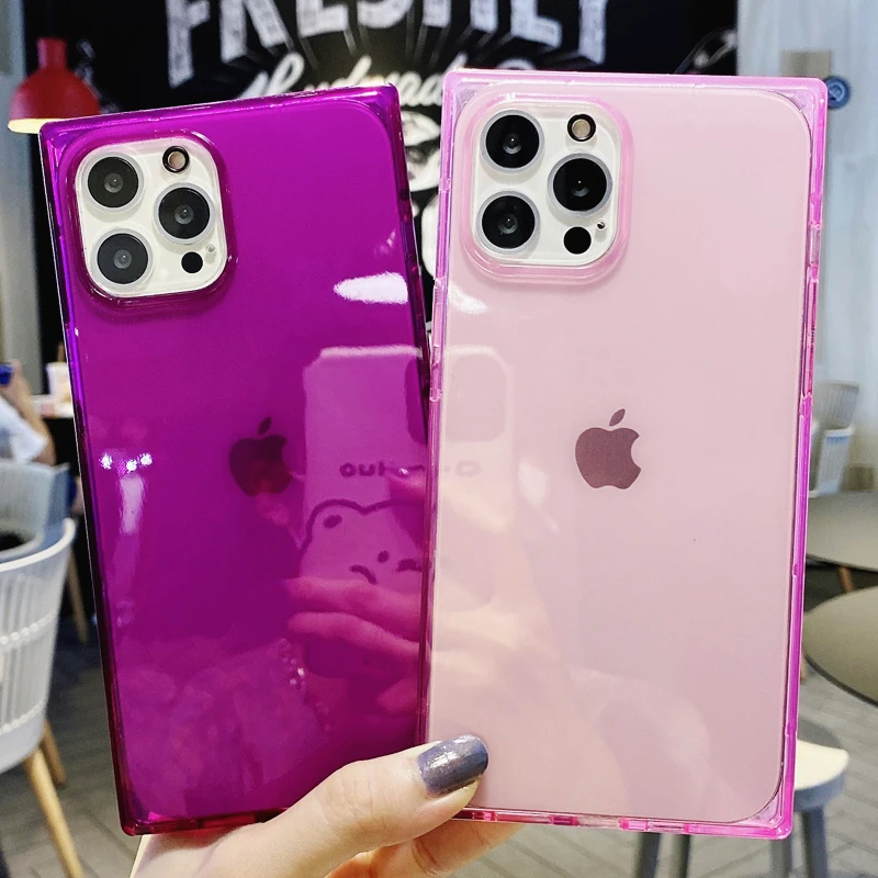 

Luxury Square Transparent Case For iPhone 14 Pro Max 13 12 11 X XS XR 7 8 Plus SE 2020 Fluorescent Color Soft Shockproof Cover