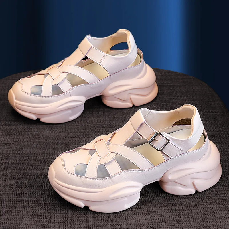 CICIYANG Summer Women Sandals Genuine Leather 2023 Platform Mujer Comfy Fashion Ladies Buckle Chunky Heel Openwork Weaving Shoes