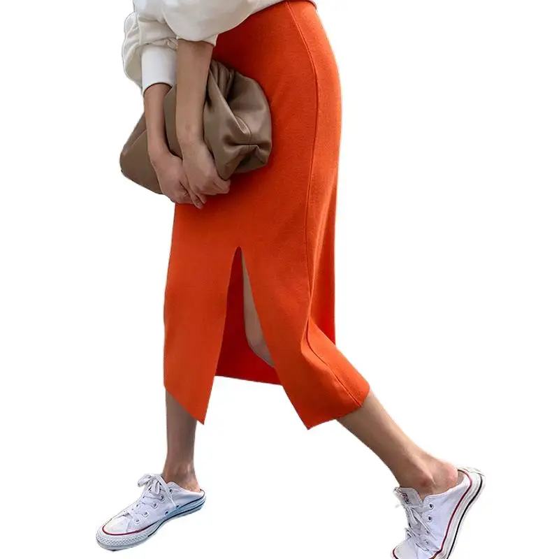 

Orange Knitted Skirts Women Elastic Waist Split Pencil Skirt Korean Casual Bodycorn Long Midi Skirt Sweet Vintage Elegant X049