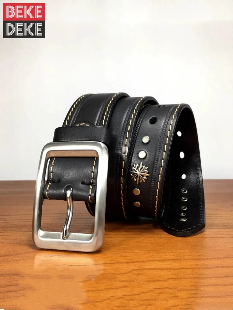 Vintage Cowskin Genuine Leather Mens Belt Leisure Rivet Stainless Steel Buckle Waistband For Jeans Belts