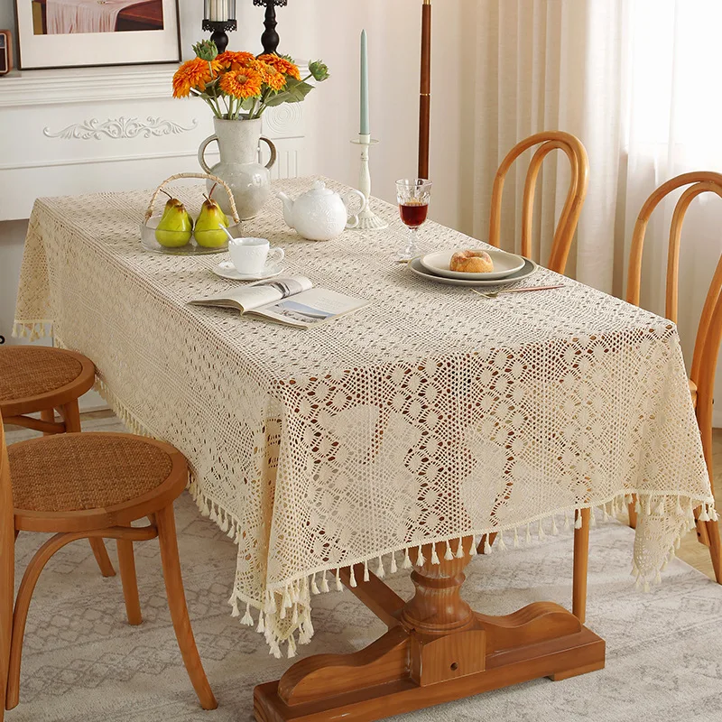 

American Tassel Tablecloth Hollow Out Wrinkle Free Anti-Fading Table Cloth Rectangle Indoor & Outdoor Dining Table Cover