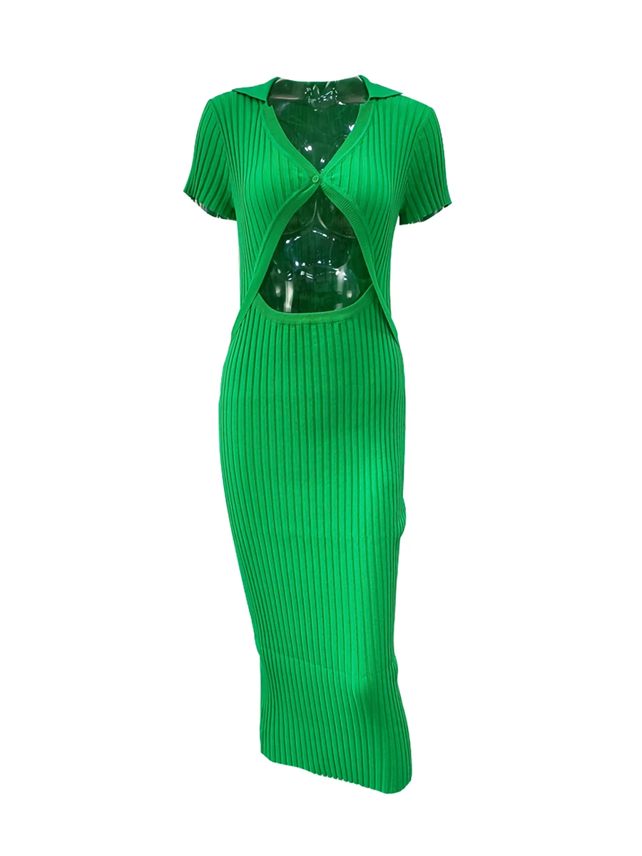 

Women s Knitted Lapel Hollow Bodycon Dress Summer Autumn V-neck Short Sleeve Hip Pack Sexy Dress