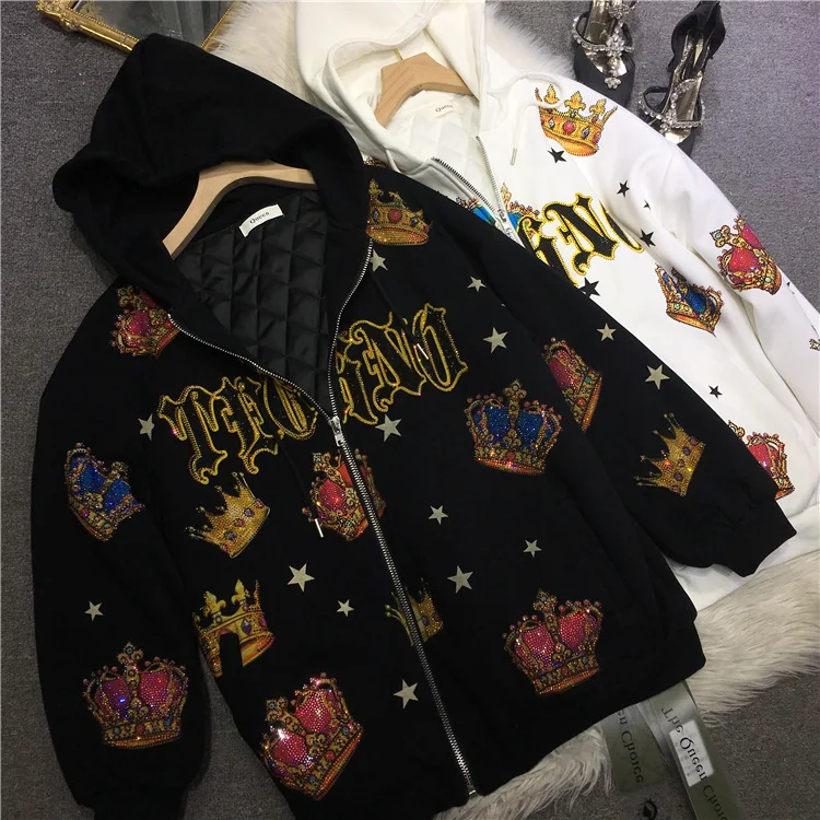 Thicken Women Cotton-padded Coat New Winter Fashion Blingbling Hot Drilling Crown Hooded Wadded Jacket Streetwear Quilted Parkas