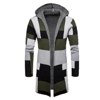 men fashion hooded knit cardigan sweater coat long sleeve color blocks overcoat for