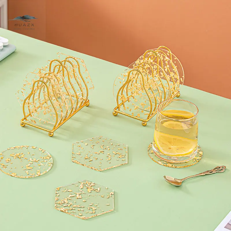 

Acrylic Gold Foil Coaster Kitchen Tableware Heat Insulated Pad Coffee Cup Mat Dining Table Anti-skid Placemat Home Decoration