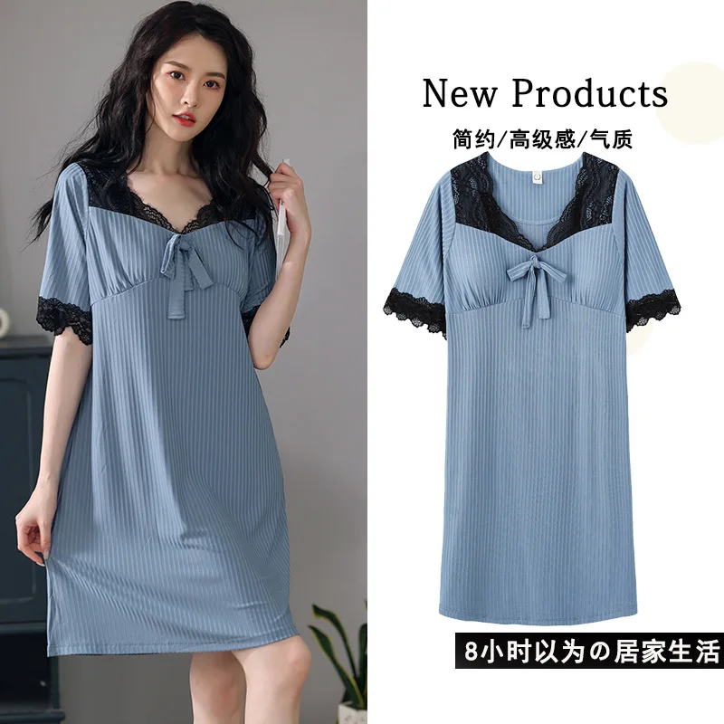 

2022 Summer Solid Night Dress Women Nightgown Plus Size M-3XL Sleepshirts Short-sleeves Nightie Nightdress Modal Soft Sleepwear