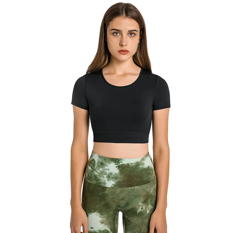 

Slim Fit Workout Tops Round Neck Fitness Crop Top Short Sleeve Athletic Gym Wear Women Summer Yoga Sport Shirt with Built In Bra