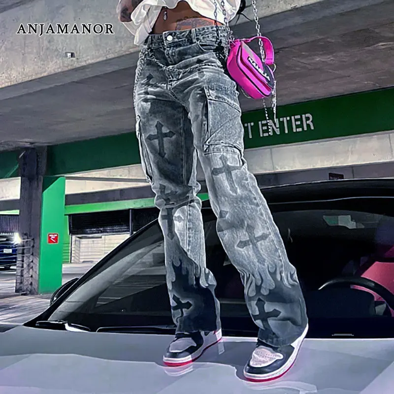 

ANJAMANOR Graphic Washed Jeans Low Waisted Pocket Cargos Pants for Women Streetwear Cyber Y2k Denim Trousers D85-FZ65