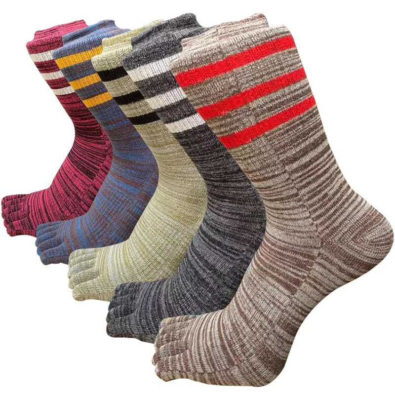 

Five Finger Socks Men Pure Cotton Striped Colorful Long Toe Sock With Toes Street Fashion Breathable Calcetines Hip Hop Sox Male