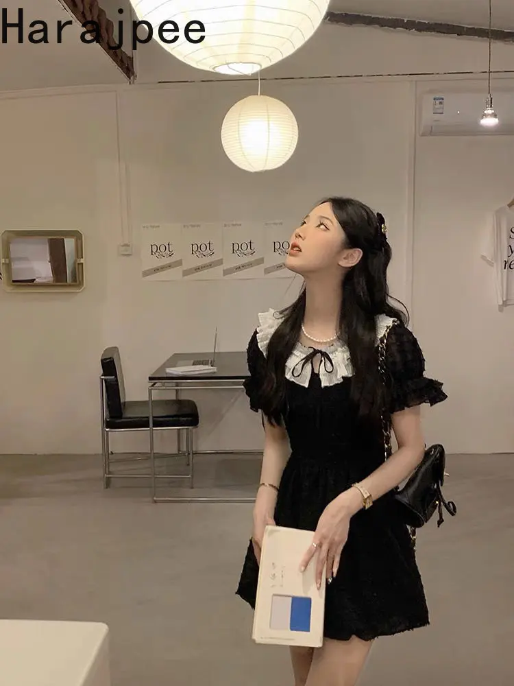 

Винтажное милое мини-платье Harajpee, женские элегантные черные элегантные платья во французском стиле с воротником «Питер Пэн» и пышными короткими рукавами