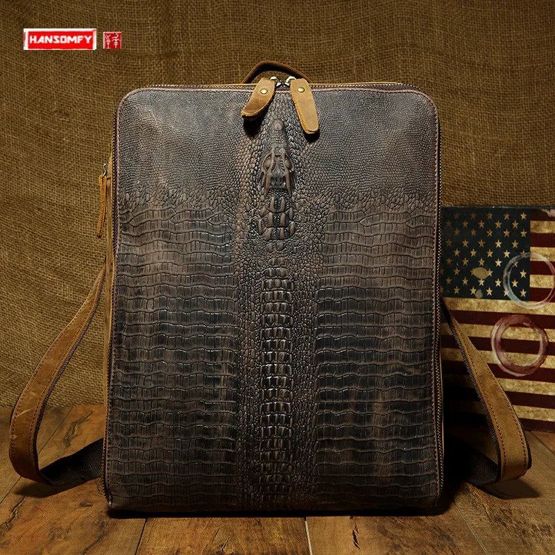 

HANSOMFY Genuine Leather Men Backpack Large Capacity Laptop Bag Crocodile Pattern Cowhide Shoulder Bag Retro Original Travel Bag