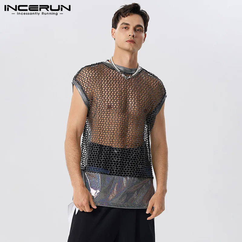 

INCERUN Tops 2023 American Style New Men's Sparkling Fabric Mesh Hollowe Tank Tops Casual See-through Patchwork Sleeveless Vests