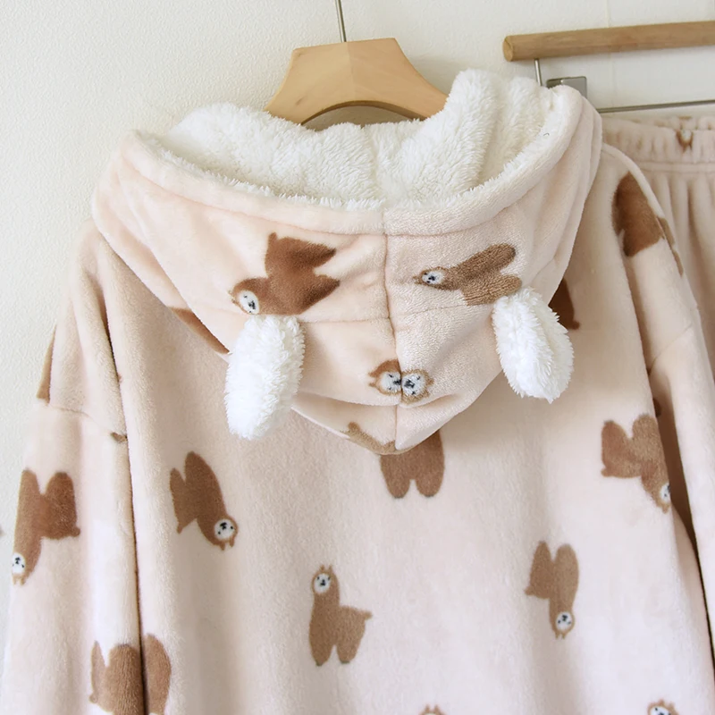New Cartoon Plus Velvet Thickened Pajama Set Winter Home Suit Flannel Coral Fleece Homewear Thermal Warm Women  Hooded Sleepwear