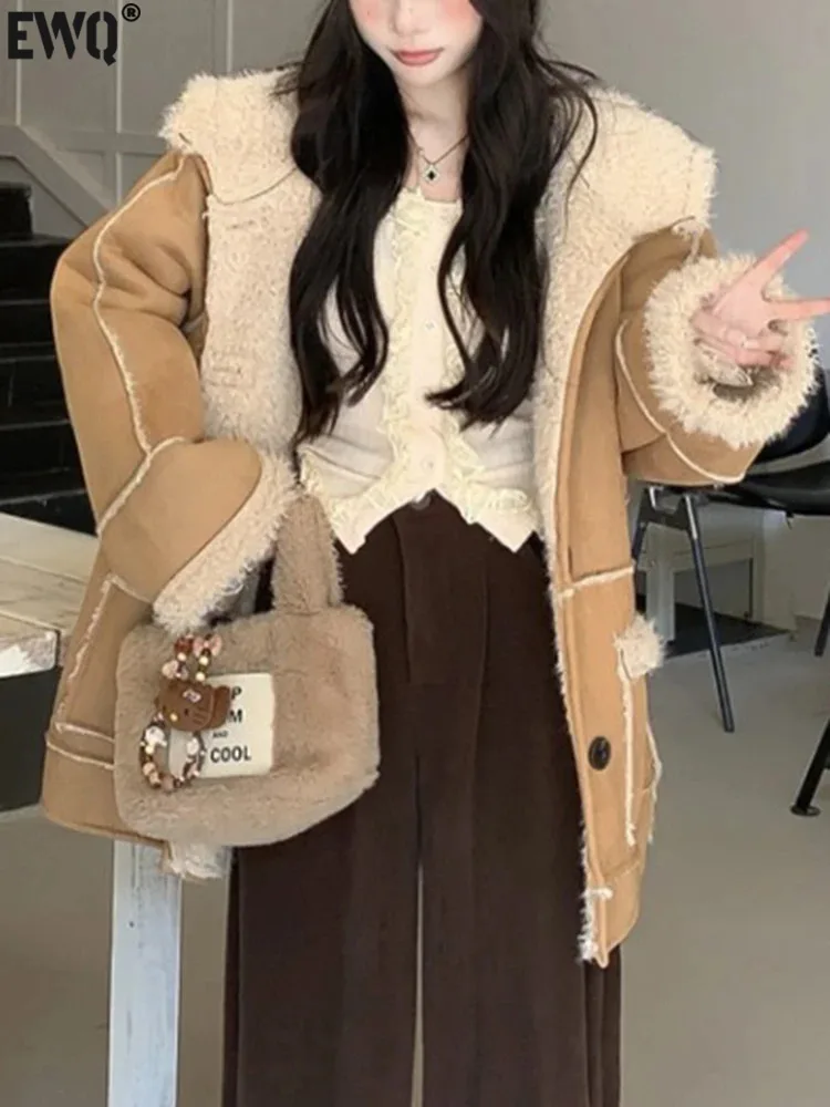 

Женское однобортное пальто с капюшоном [EWQ], кофейное Свободное пальто из овечьей шерсти с карманами, на осень-зиму, U622, 2023