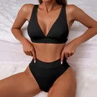 Купальник-бикини в рубчик с завышенной талией, женский купальник пуш-ап, 2022, пикантный бикини с V-образным вырезом, однотонный купальный костюм, комплект бикини, пляжная одежда