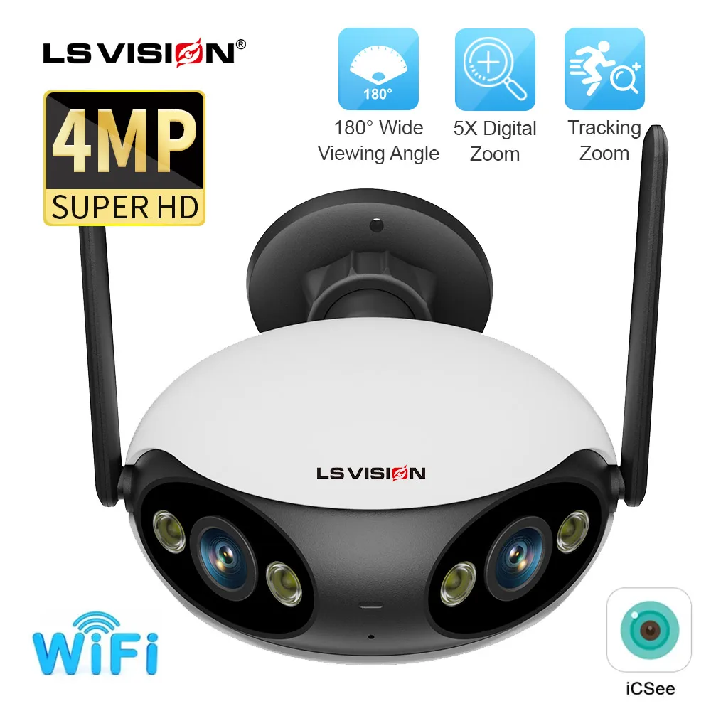 

LS VISION 2K Wifi Outdoor Security Camera 4MP 180° Ultra Wide View Angle Panoramic Humanoid Detection Auto Tracking CCTV Camera