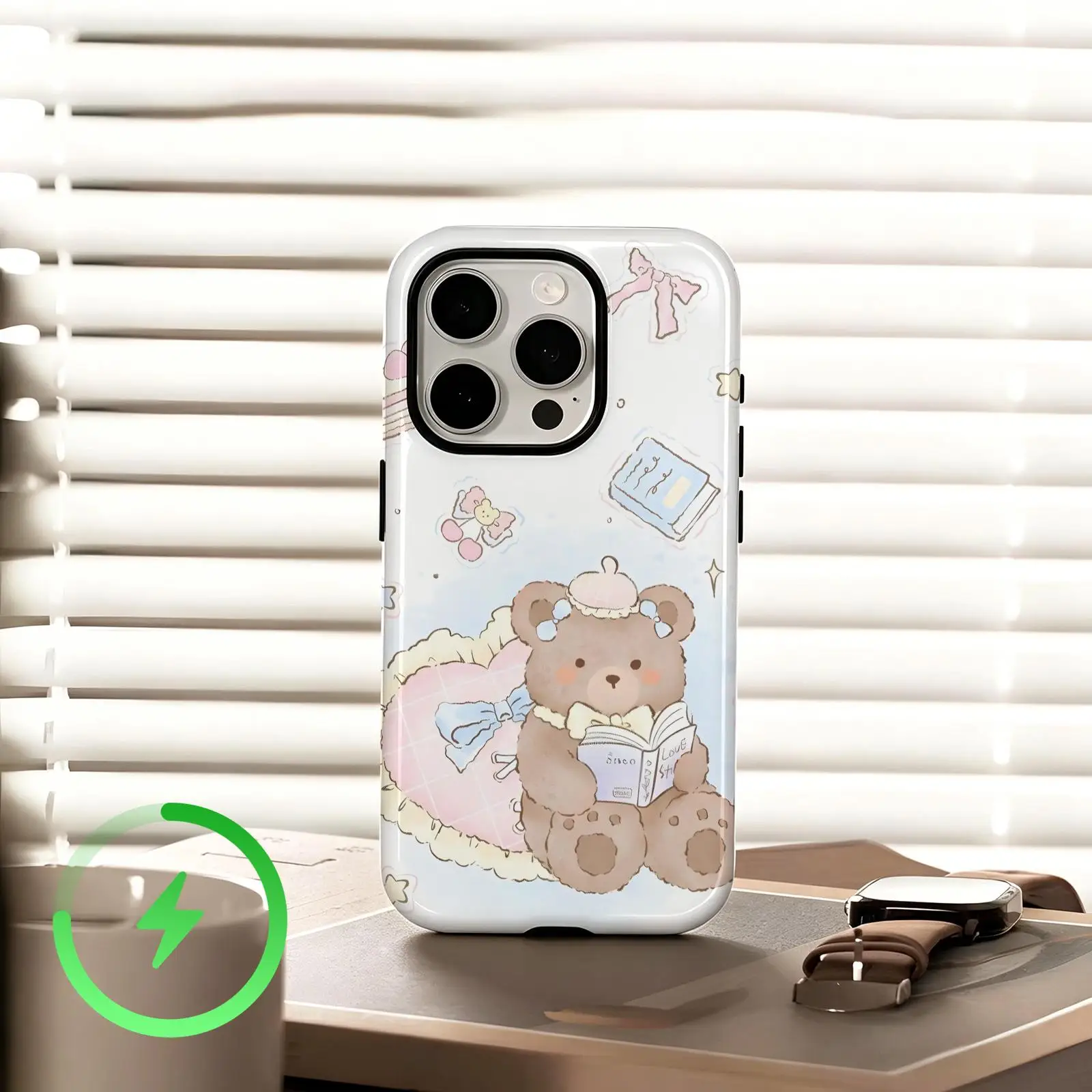 Фото Чехол для телефона iPhone 17, 16, 16e, 15, 14, 13, 12 Plus Pro Max, глянцевый, с магнитной пленкой, милый медвежонок №4