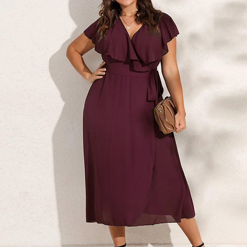 Summer Women's Clothing Evening Party Sexy V-Neck Solid Color Patchwork Ruffles 3/4 Sleeve Folds Plus Size A-line Mid-Calf Dress