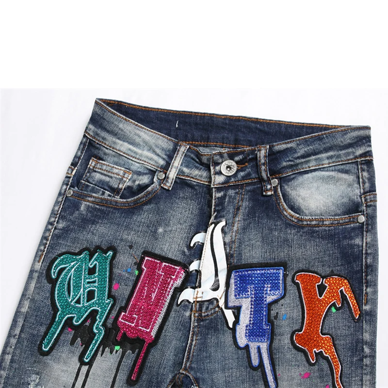 Four Seasons Men's Jeans Printed Trousers Street Hole Hip Hop Jeans Trend Brand Casual Solid Motorcycle Hole Slim INS Hot Sale