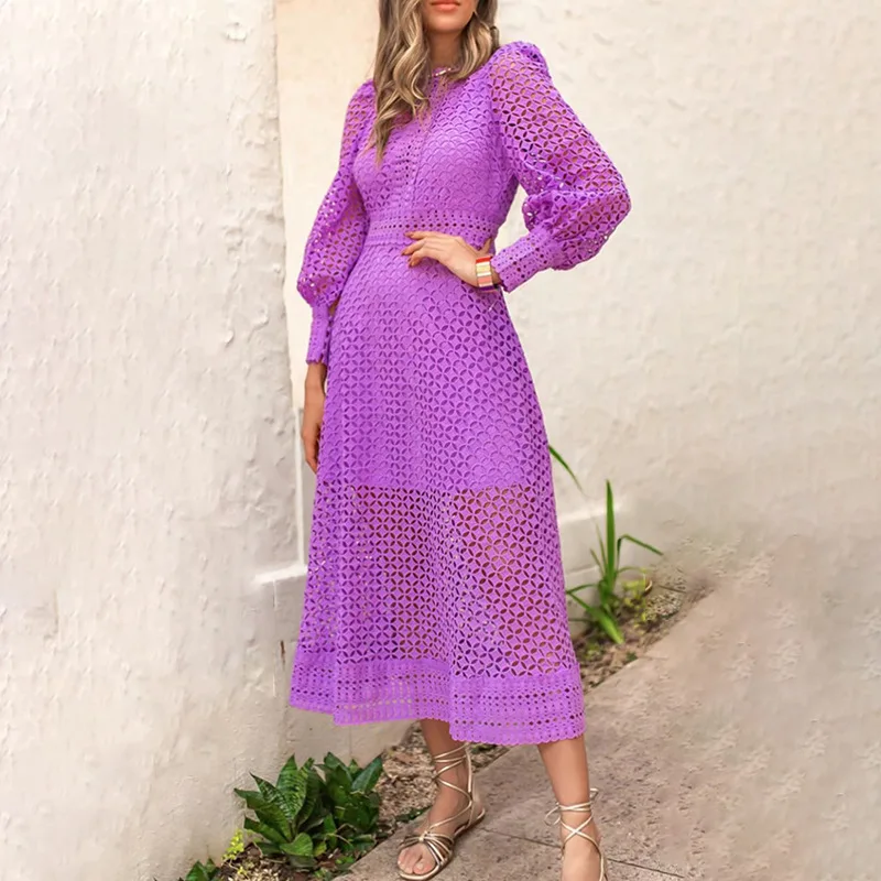 Women's Dress 2023 New Heavy Embroidery Hollow Round Neck Lantern Sleeve Waist Fashion Purple Dress Fee Shipping