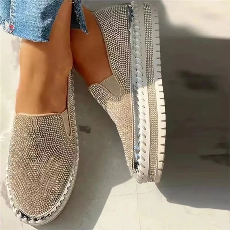 2022 Women's Flat Sparkling with Sneakers Casual Thick Bottom Net Platform Comfortable Loafers Plus Size Vulcanized Shoes Autumn