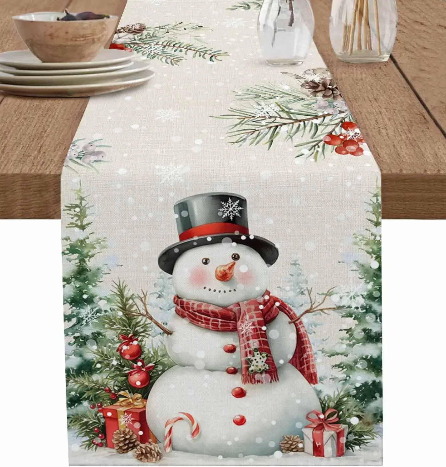 Рождественский снеговик снежинка ботаническое дерево льняные дорожки для стола