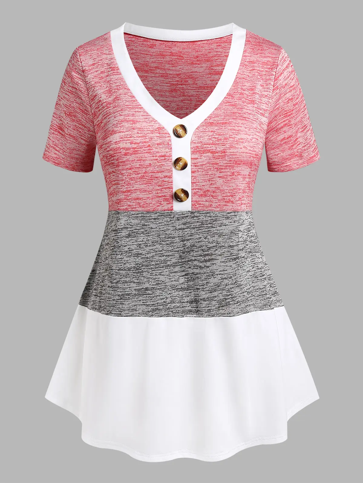 

ROSEGAL Women's Casual Tops Colorblock Buttoned V-Neck T-Shirts 2022 Summer Female Short Sleeve Tees Blouses L-5XL