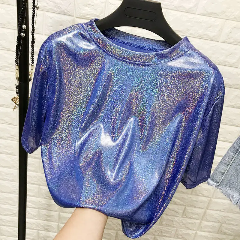 S-6XL Womens Sparkly Shiny Metallic Holographic Round Neck Short Sleeve Casual Loose Top Festival Party Tee Shirt Female Clothes
