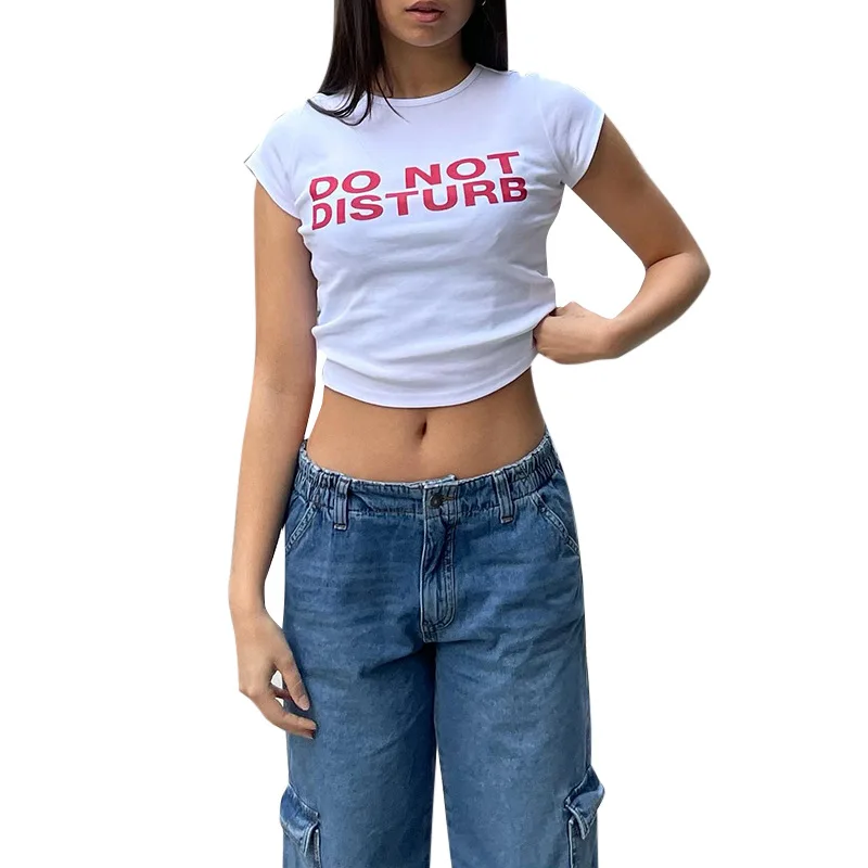 

Letter Print T-Shirt Women'S Navel Exposed Summer Emo Girl Crop Tops Slim 2000s Fairy Grunge Streetwear Harajuku Goth T-Shirt