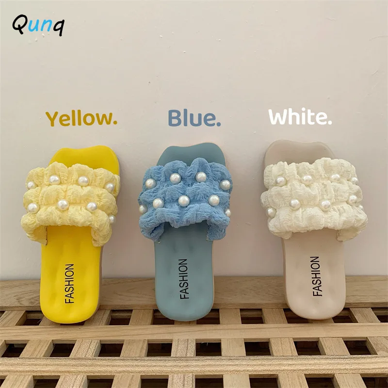 

Qunq Girls' New Princess Wind Soft Sole Non-Slip Outer Wear Pearl Casual Slippers Breathable Wear Resistant Cute Kids Slippers