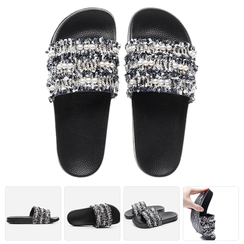 2 Pairs Woven Pearl Slides Flat Sandals Women Slipper Braided Womens Beach Summer Fabric Miss Women's Platform