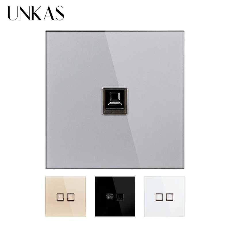 UNKAS RJ45 Computer Gray Luxury Crystal Tempered Glass CAT5E Network Module Socket Grey Outlet Cable Interface