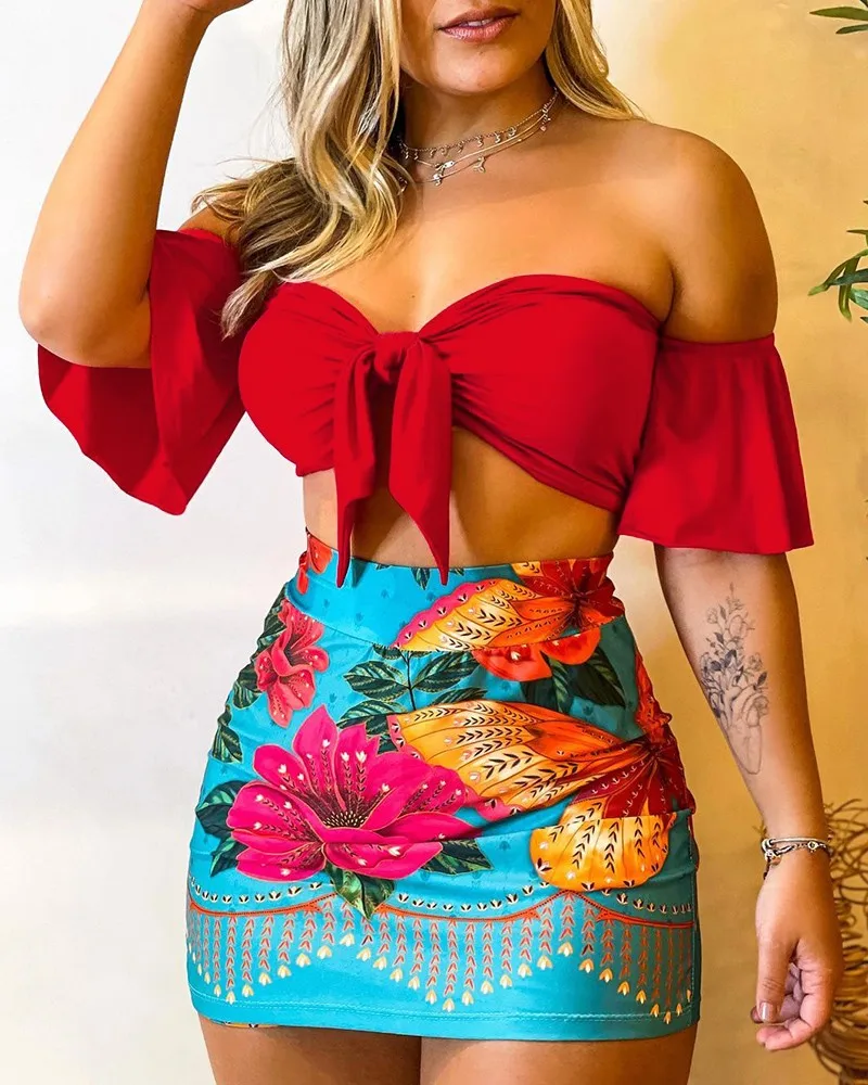 

Casual Women Short Sleeve Bohemia Skirts Set 2022 Summer New Sexy Slim Lace Up Tops & High Waist Print Mini Skirt Suit